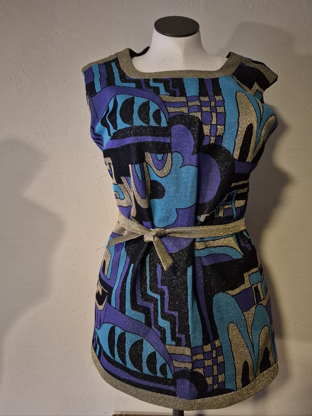 Sleeveless Retro  Abstract Metallic Knit Mini Dress in Teal, Purple & Gold Large